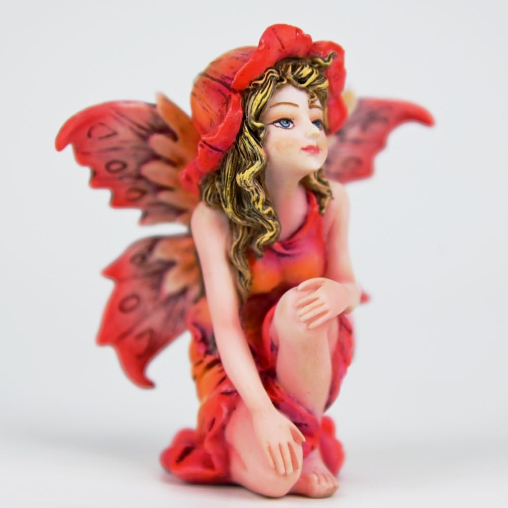 Fipcnbs Fantasy Red Autumn Fairy Figurine, 3.15 Inch Flower Hat Elf Statue, Hand-Painted Gradient Resin Decor with Textured Wings for Fall Garden, Desk, Plant Pot