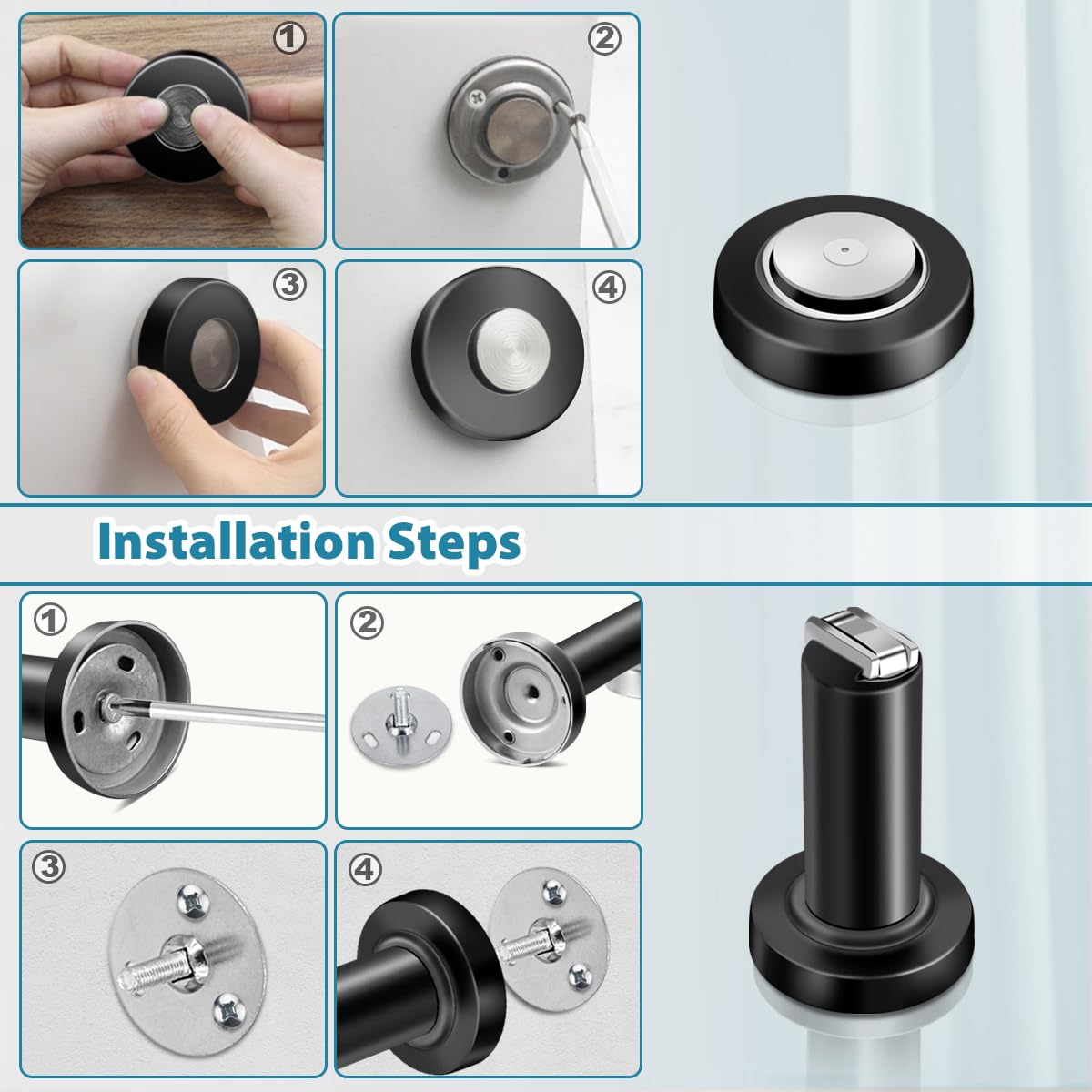 Door Stoppers, Magnetic Door Stop, Heavy Duty Stainless Steel Door Catch Magnetic Door Holder, Modern Door Stops for Wall Floor Mount, Black, 2 Pack