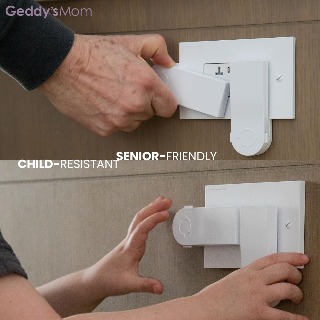 Self-Closing Outlet Cover Plate System by Geddy’s Mom – Automatic Child Safety that Covers Outlets When Unplugged, Shut Your Face, Easy Install, Award-Winning Baby Proofing for 1-Screw Duplex Outlets