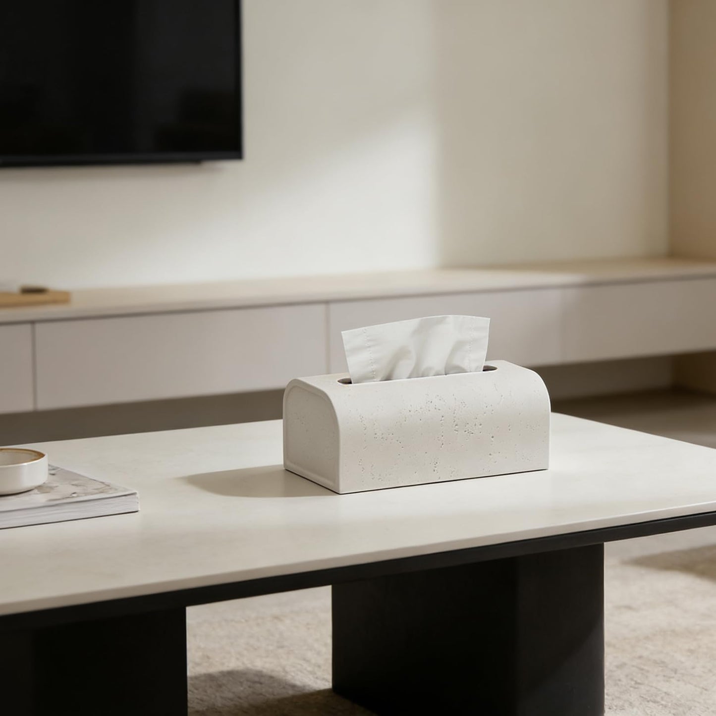 Resin Tissue Box Cover Rectangle, Decorative Facial Tissue Holder Covers Toilet Paper Holder Travertine Stone Look Paper Dispenser Home Decor for Bathroom Bedroom Living Room Office - Off White