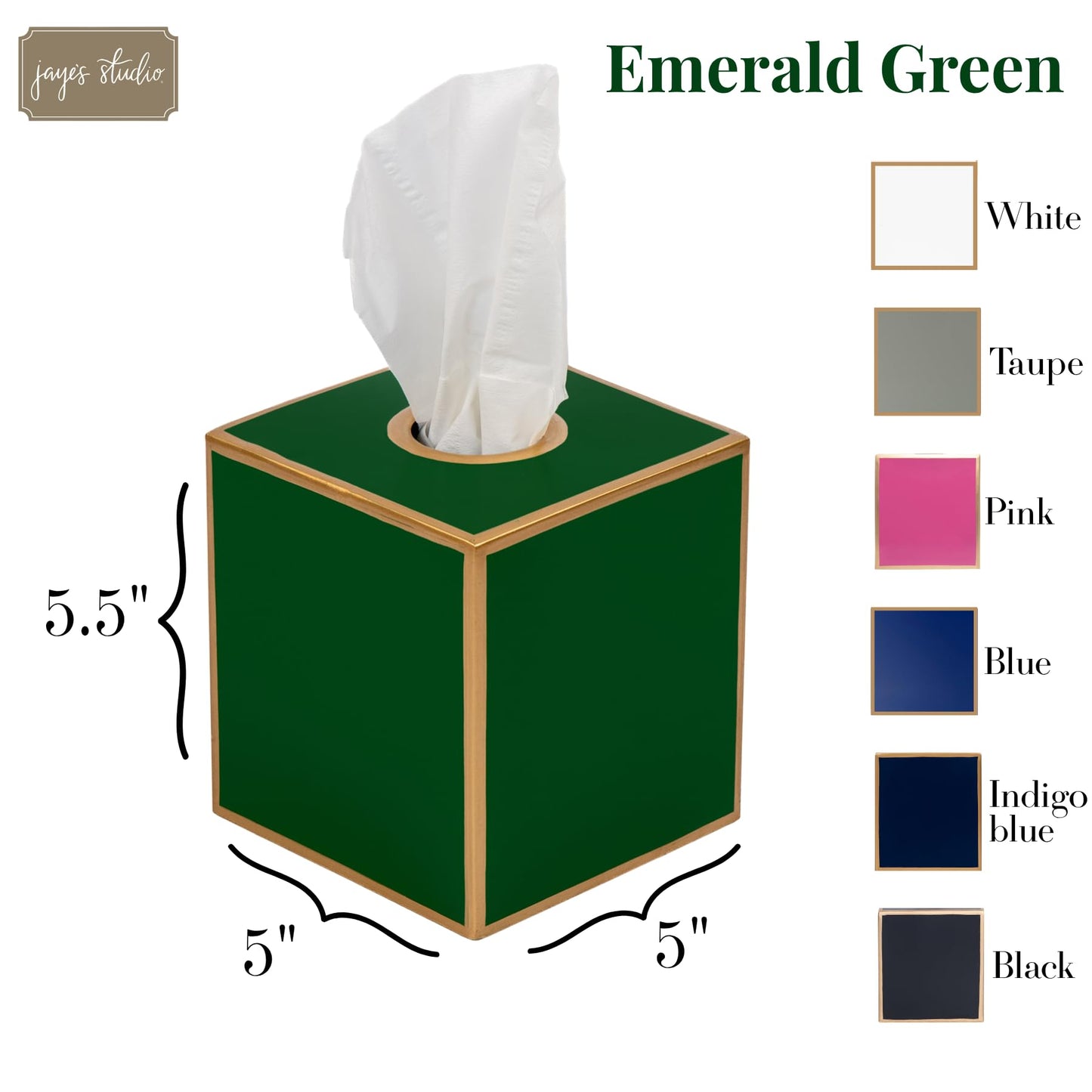 Jaye’s Studio Decorative Square Metal Tissue Box Cover Gold - Luxury Cube Facial Tissue Holder & Dispenser for Bathroom, Bedroom & Home, Modern Chic & Farmhouse Decor, Mattie Line (Emerald Green)