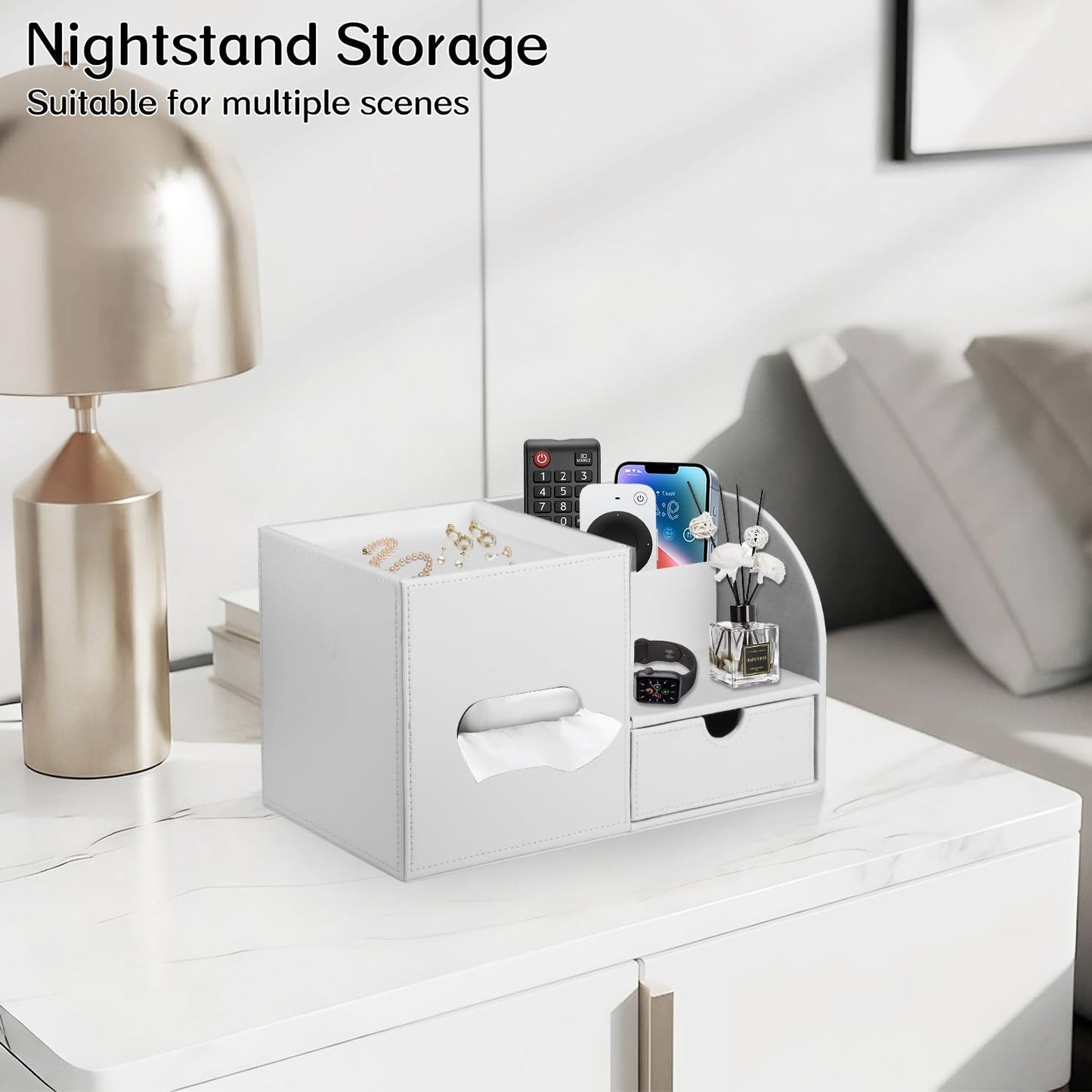 Square Tissue Box Cover with Tray and Organizer, Multi-Functional Decor Cube Tissue Box Holder, Tissue and Remote Control Holder, for Vanity, Nightstand, Bathroom, Home, Office