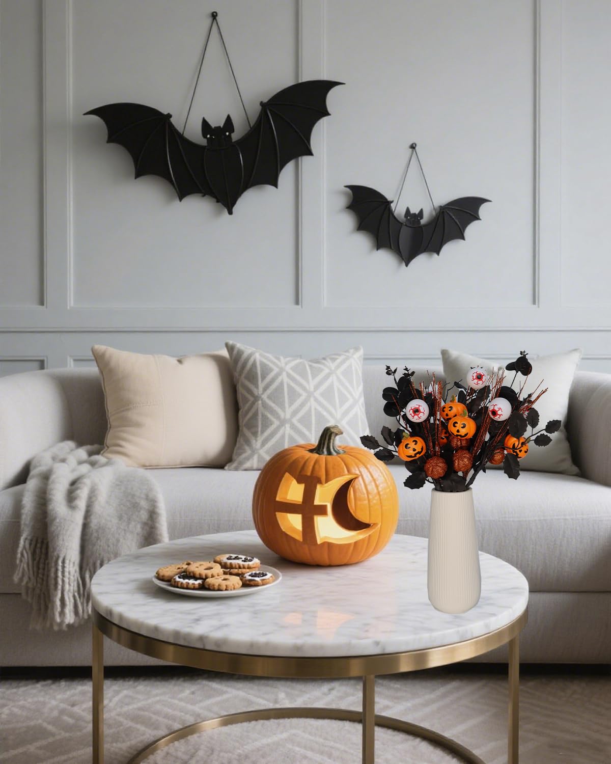 YLEALTH 5PCS Artificial Halloween Flowers,13.4 Inch Artificial Pumpkin Maple Leaf Floral Stems Branches &Eyeball Halloween Decoration for Indoor Home Farmhouse Party Table Vase Décor