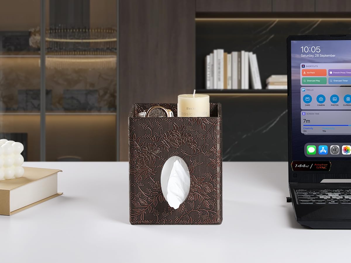 Square Tissue Box Cover, Stylish Leather Tissue Box Holder with Storage Tray, Decorative Tissue Rack Storage Box for Living Room, Bedroom, and Office Desk(Brown Grape Pattern)