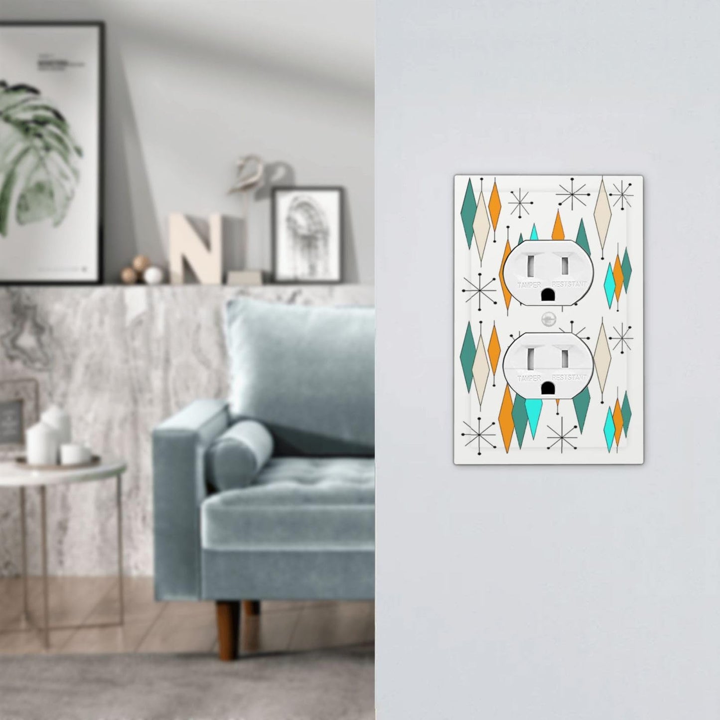 Modern Geometric Atomic Diamond Art 1-Gang Duplex Outlet Cover Decoraitve Receptacle Wall Plate Funny 50S 60S Blue/Orange/Teal/Green Mid Century Mid Century Electric Jumbo Light Switch Cover