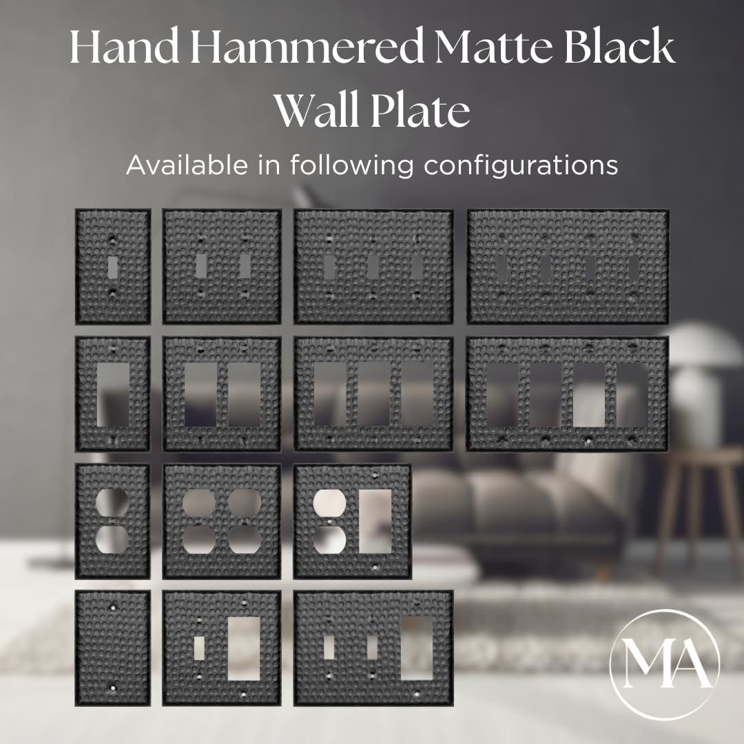 Monarch Abode Single Toggle Light Switch Cover Plate – 1-Gang Matte Black Outlet Covers, Hand Hammered Decorative Outlet Cover Wall Plates, Light Switch Plate Covers for Electric Outlets, Pack of 2