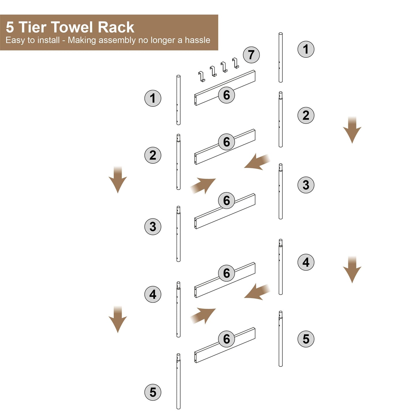 Blanket Ladder, 5-Tier Towel Holder with 4 Removable Hooks, Farmhouse Wall Leaning Decorative Rack Shelf, Wooden Towel Display Rack, Quilt Ladder for Living Room, Bedroom, Black