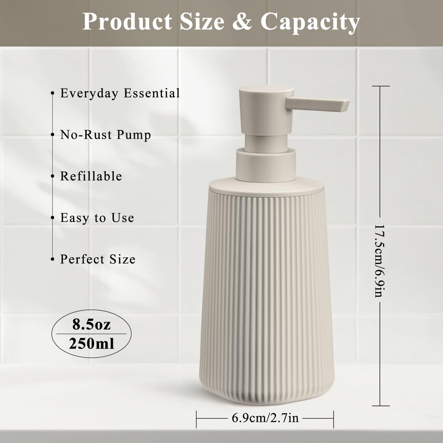 zuxzmj Beige 2 Pack Hand Soap Dispensers Set with No Rust Pump for Bathroom and Kitchen Countertops Refillable Matte Striped Plastic 8.5 oz