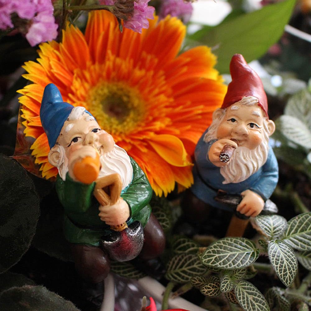 OJTNELDT Garden Gnome Figurines Set of 4, Resin Fairy Garden Gnomes with Rope, Funny Outdoor Plant Pot Decorations for Succulents, Terrariums, Miniature Garden, Patio & Indoor Planters
