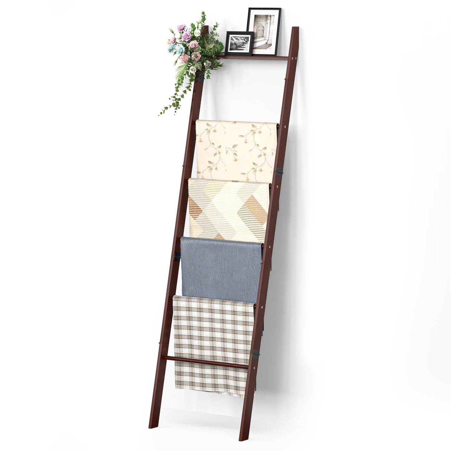 BAMBANG 6-Tier Blanket Ladder for Living Room, Blanket Quilt Ladder Rack Rustic Decorative Towel Holder, Wall Leaning Blanket Ladder Shelf Storage Farmhouse Decor for Bedroom Bathroom, Brown