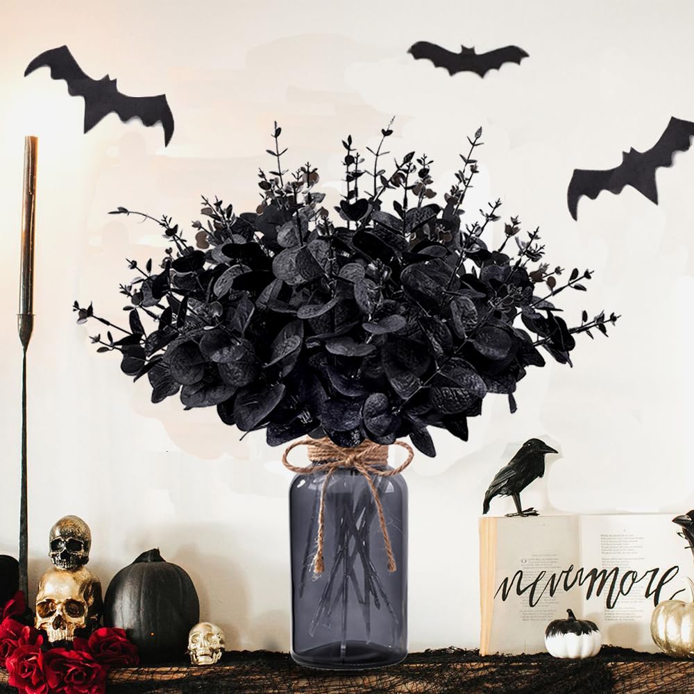 DIYDEC 12Pcs Black Artificial Flowers with Glass Vase 2 Styles Black Eucalyptus Stems for Halloween Outdoor Indoor Decoration Fake Eucalyptus Stems Branches for Party Home Table Centerpieces Decor