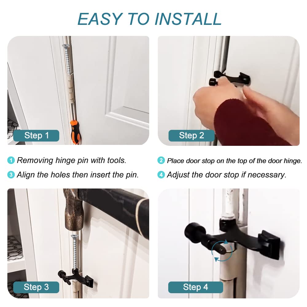 24 Pack Hinge Pin Black Door Stopper, Adjustable Heavy Duty Hinge Pin Door Stop with Black Rubber Bumper Tips