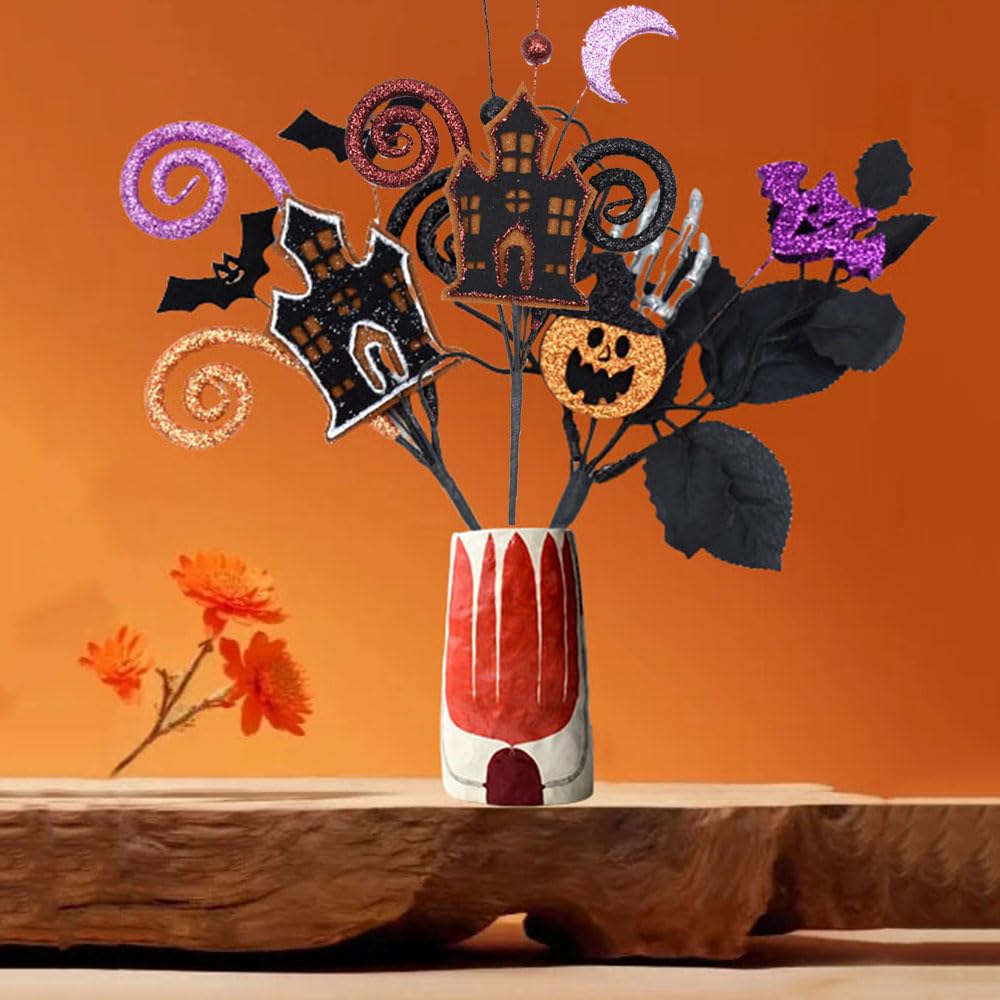 4 Pcs Artificial Halloween Floral Picks Purple Orange Black Berry Stems Halloween Tree Branches for Flower Arrangemant Table Centerpiece Halloween DIY Crafts Festival Home Decoration (Orange)