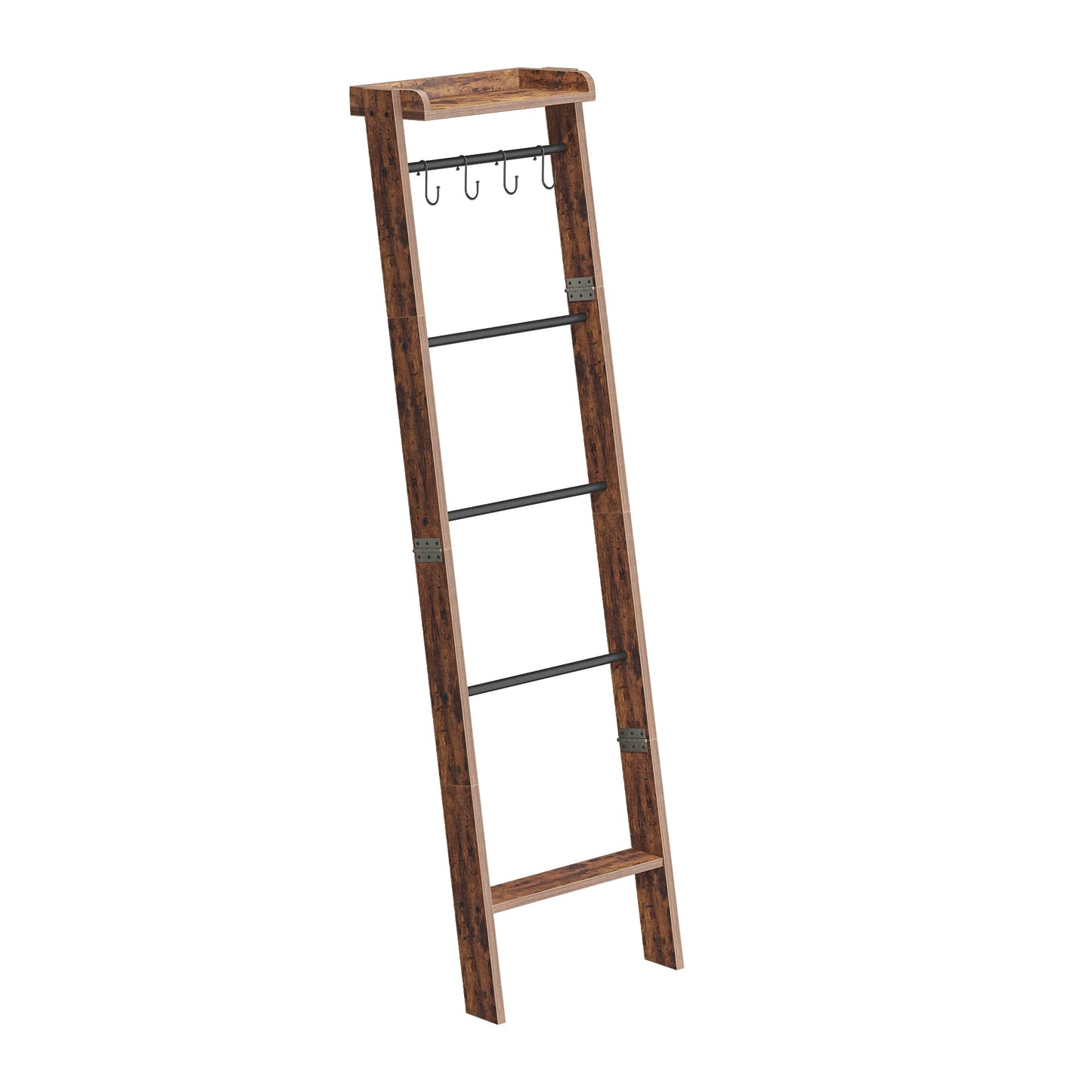 Hzuaneri Blanket Ladder Shelf, Decorative Quilt Rack, 6-Tier Farmhouse Ladder Holder Organizer with 4 Removable Hooks 7.9" D x 17.3" W x 63.4" H, Rustic Brown BR35801B