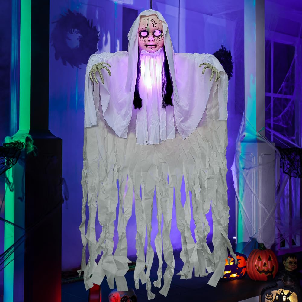JOYIN 43" Outdoor Halloween Decoration, Scary Girl Hanging Ghost Decor with Light-up Head for Yard, Patio, Haunted House Lawn Garden