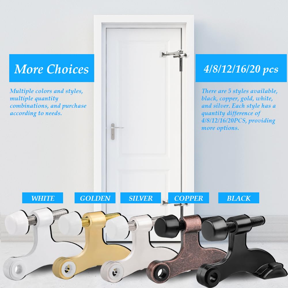 OBTANIM 8 Pack Hinge Pin Door Stopper Heavy Duty Metal Adjustable Door Stops with Rubber Bumper Tips (White)