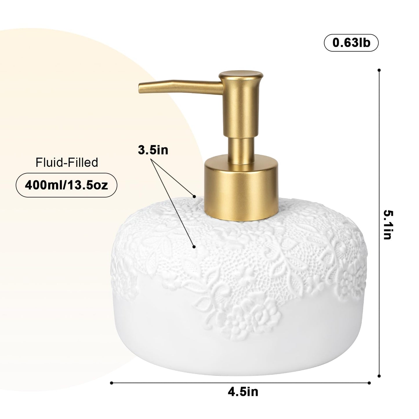 UHEY HOME Ceramic White Liquid Soap Dispenser with Embossed Design Look, Soap Dispenser with Rust-Proof Plastic Pump 13.5oz for Bathroom Kitchen