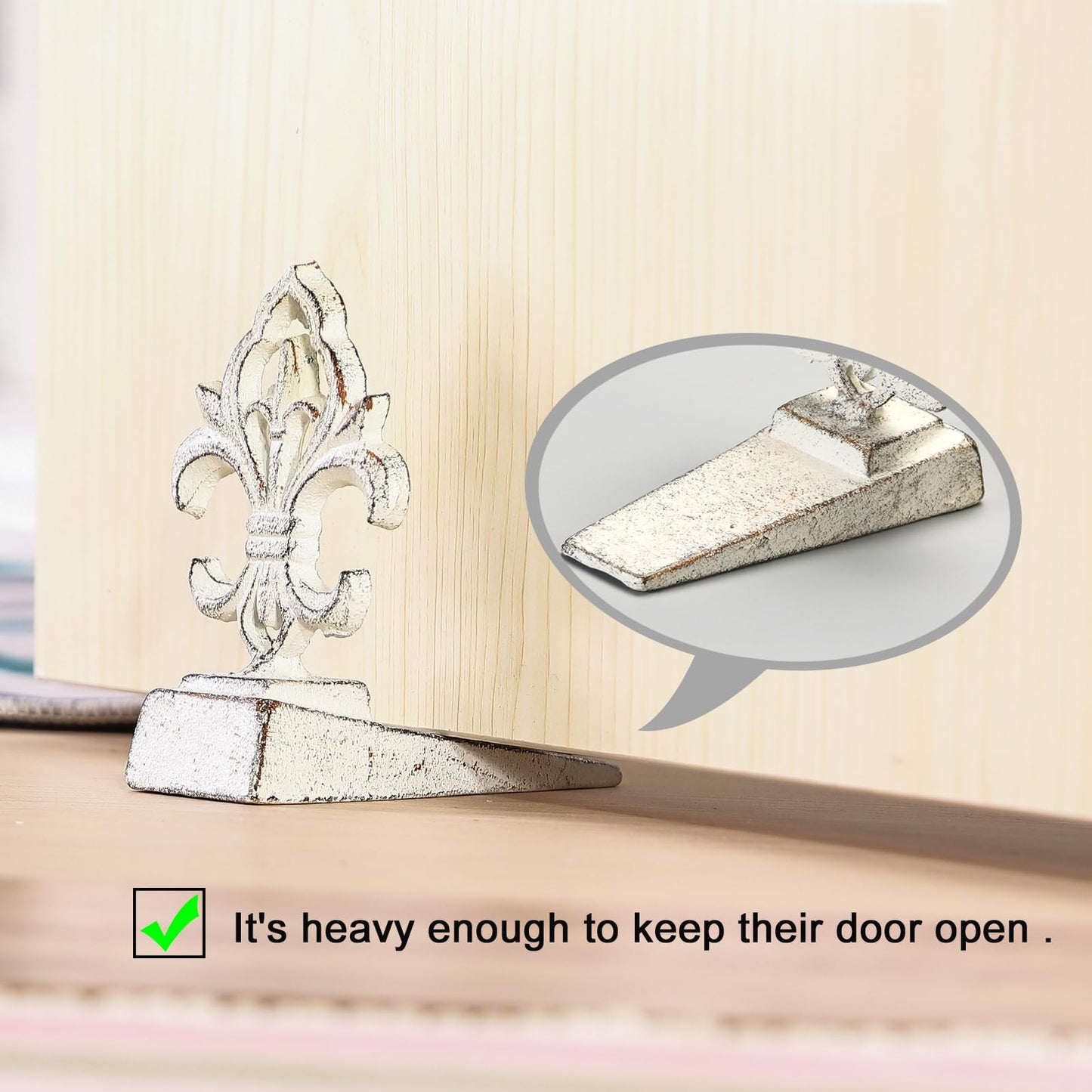 Fleur De Lis Door Stoppers Heavy Duty Cast Iron Decorative Door Stop Wedge, 2 PCS, Antique White