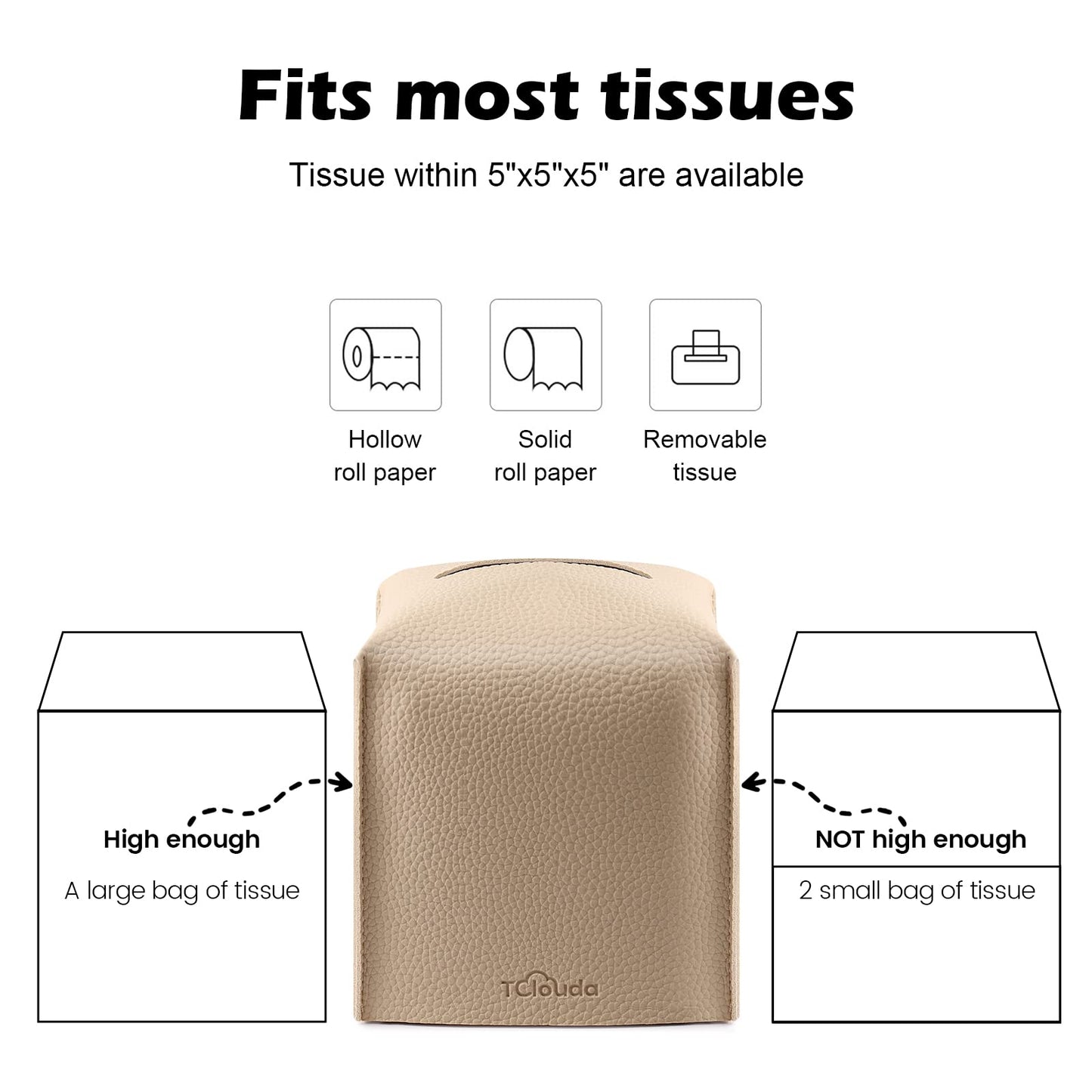 Tissue Box Cover, Tclouda, Modern PU Leather Square Tissue Box Holder for Creative Decorative, 2 Pack, Ideal for Bathrooms/Office/Car/Nightstand/Outdoor Tent/Dining Table, 5"X5"X5", Double Beige