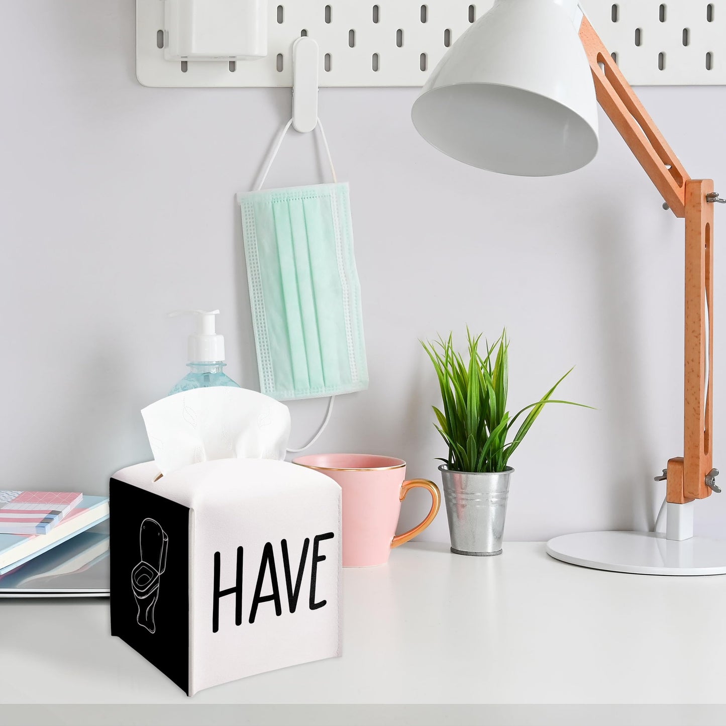 Have A Nice Poop Tissue Box Cover, Funny Bathroom Decor, Square Decorative Tissue Box Holder with Bottom Belt, for Women Men, Leather Toilet Paper Cover for Tabletop Bathroom-A06