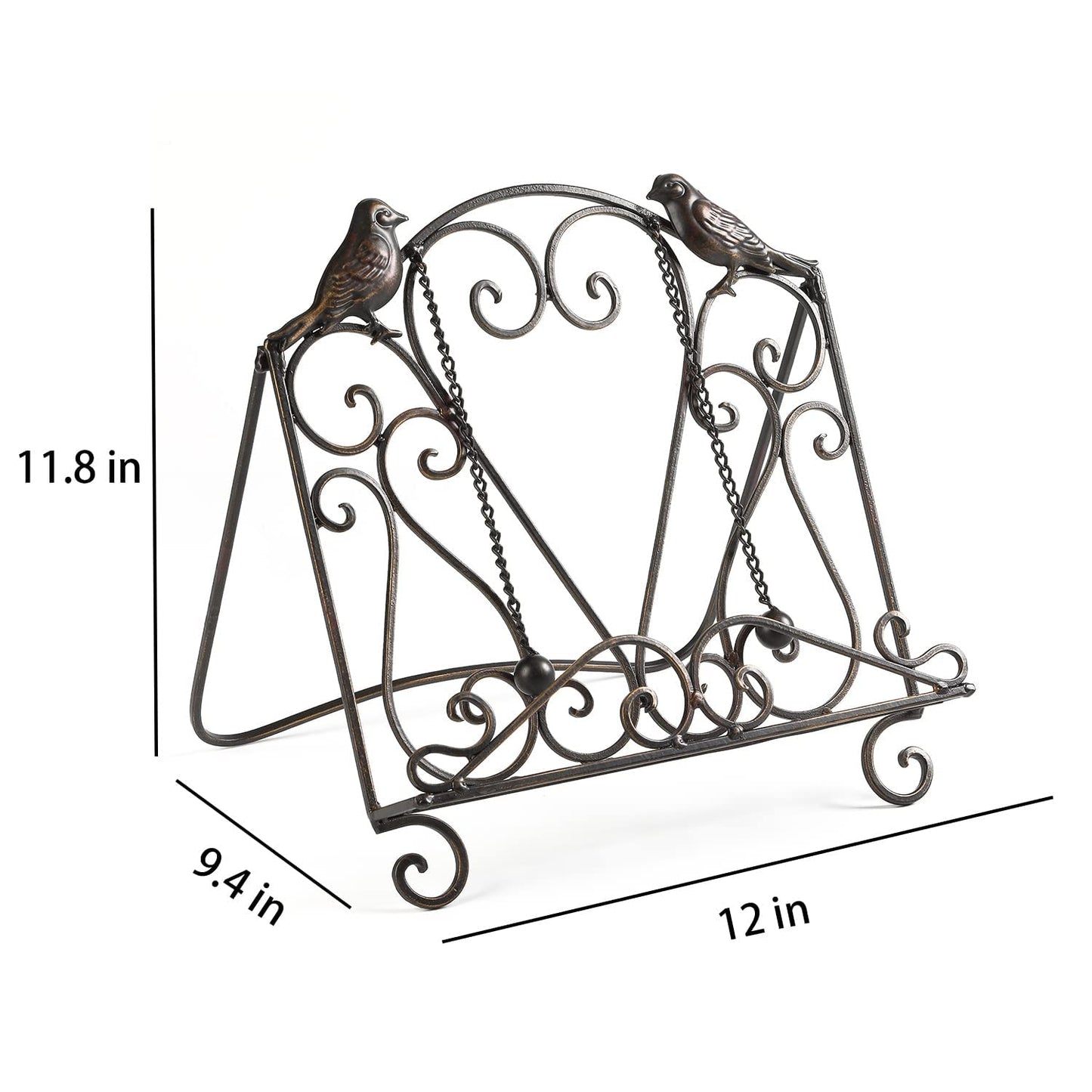 MOCOME Metal Cookbook Stand Clearance Recipe Book Holder for Kitchen (Birds/Vintage Scrolls, Bronze)