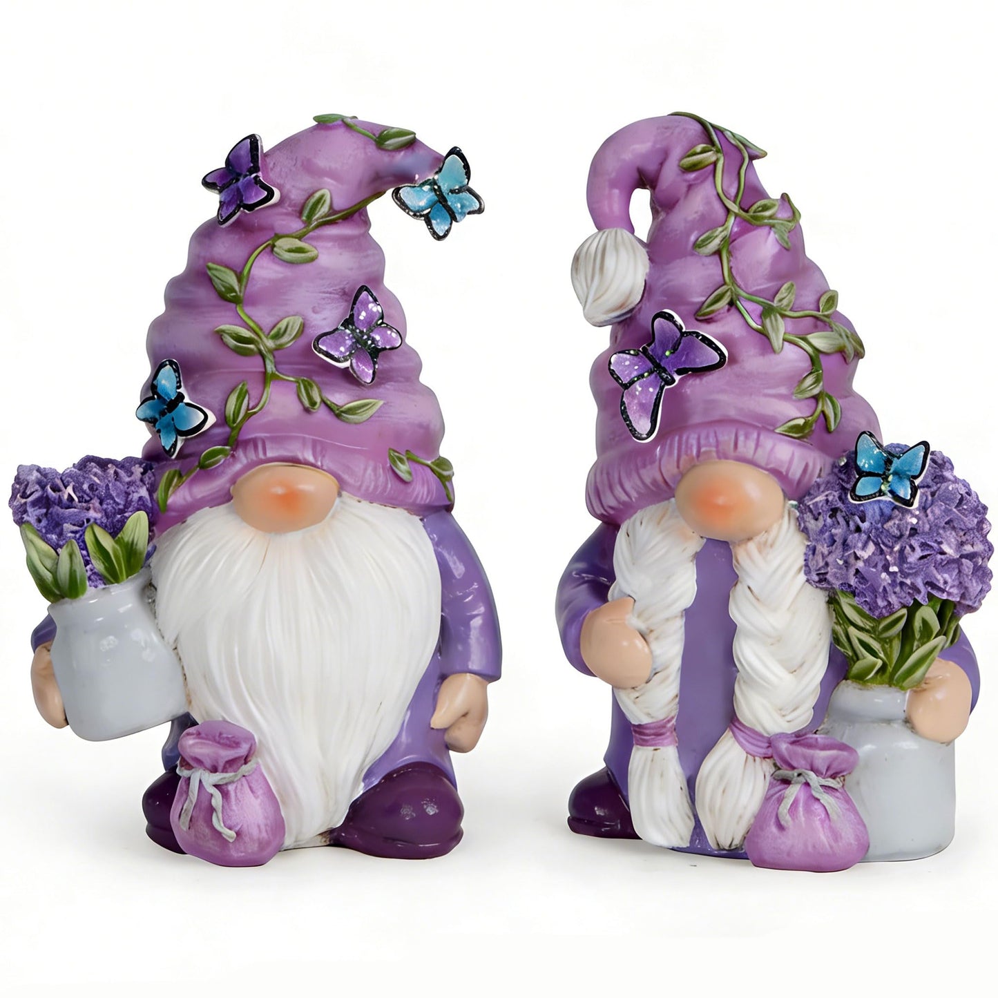 Hodao 2Pcs Purple Lavender Butterfly Gnome Figurine Set for Yard, Lawn, Patio, Porch - Weatherproof Resin Garden Decoration - Outdoor Decor & Unique Gnome Gift for Women