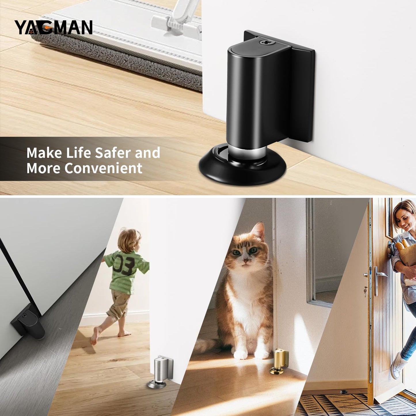 3 Pack Magnetic Door Stopper Floor Mount, No Drilling Adhesive Door Holder, Retractable Magnetic Door Stop, Keep Door Open, Windproof Door Catch for Home, Pet and Renters, Black