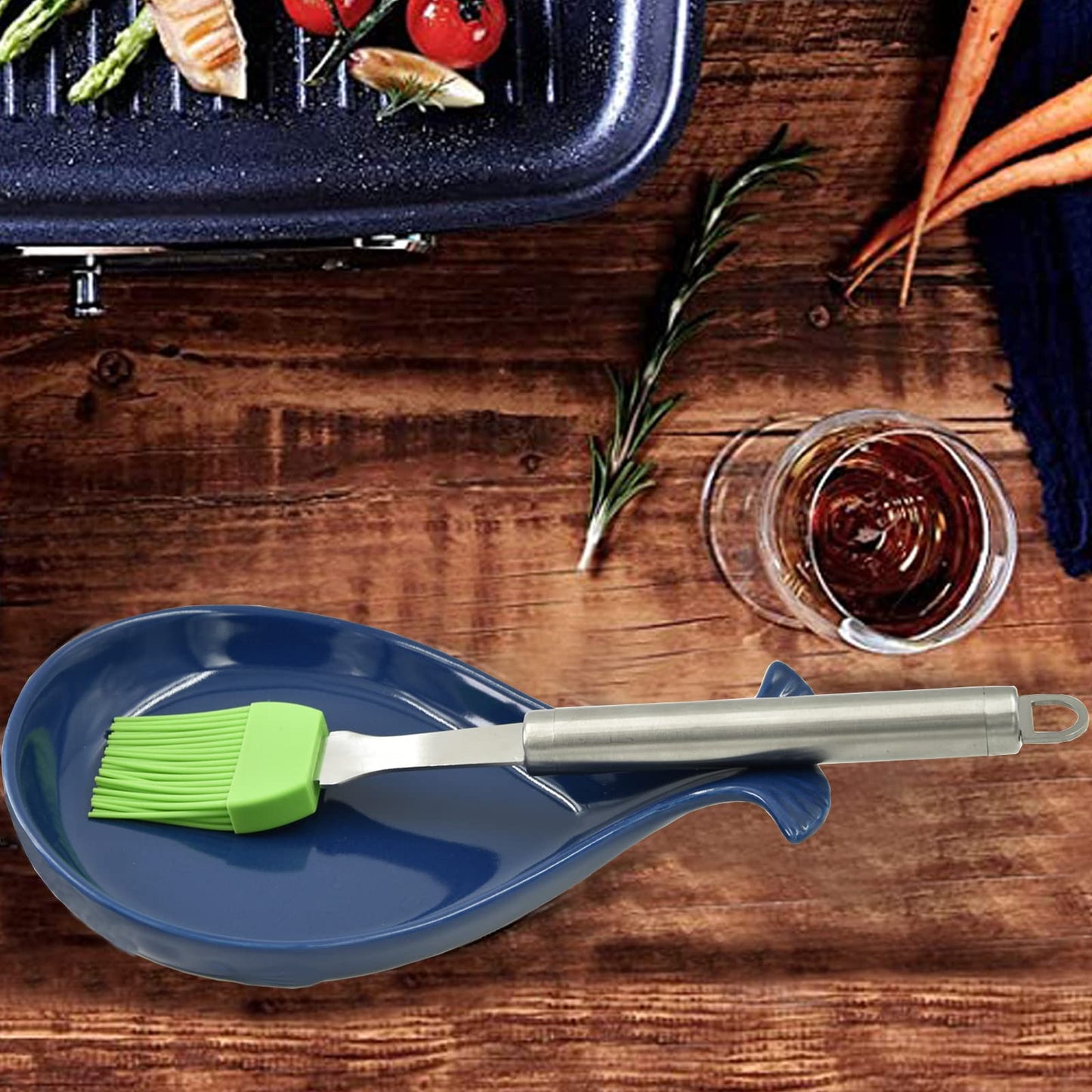 Ceramic Spoon Rest for Kitchen with Wooden Spoon, Whale Shape, Navy, 4.8W X 7.8L