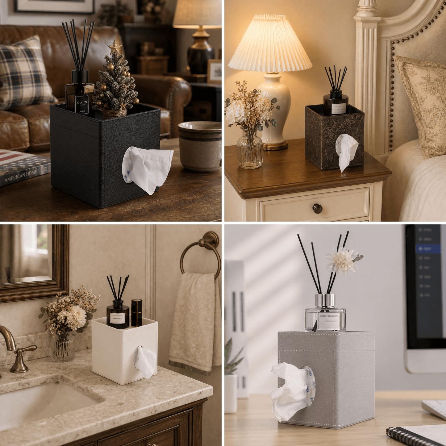 LAMOTI Leather Tissue Box Cover with Storage Tray, Square Facial Tissue Box Holder for Bathroom, Office Table, Countertop, Night Stand & More (Black)
