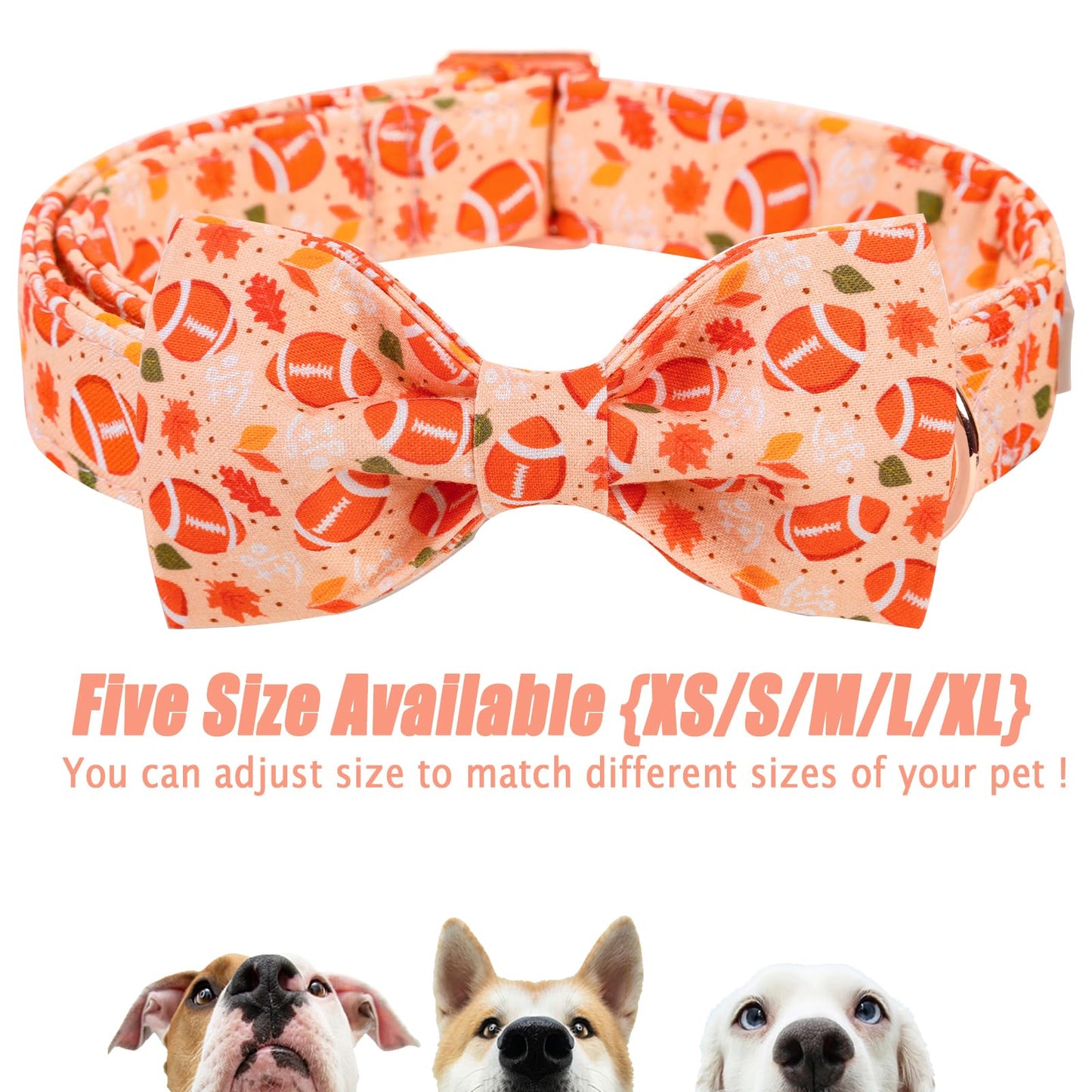 Babole Pet Fall Football Dog Collar with Bow Tie - Cute Orange Fall Dog Collars, Adjustable Cotton Metal Buckle Bowtie Collar for Small Medium Large Boy Girl Dogs L
