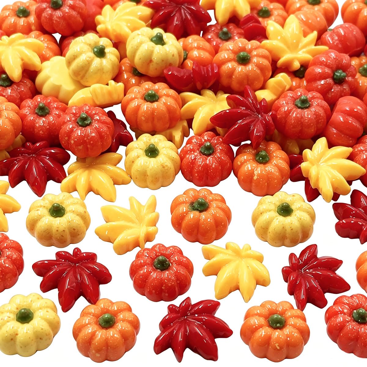 100Pcs Mini Pumpkins Maple Leaf Miniature Figurines, Tiny Resin Pumpkins Thanksgiving Leaves Ornaments Bulk for DIY Crafts Thanksgiving Halloween Fall Vase Filler Home Indoor Outdoor Party Decorations