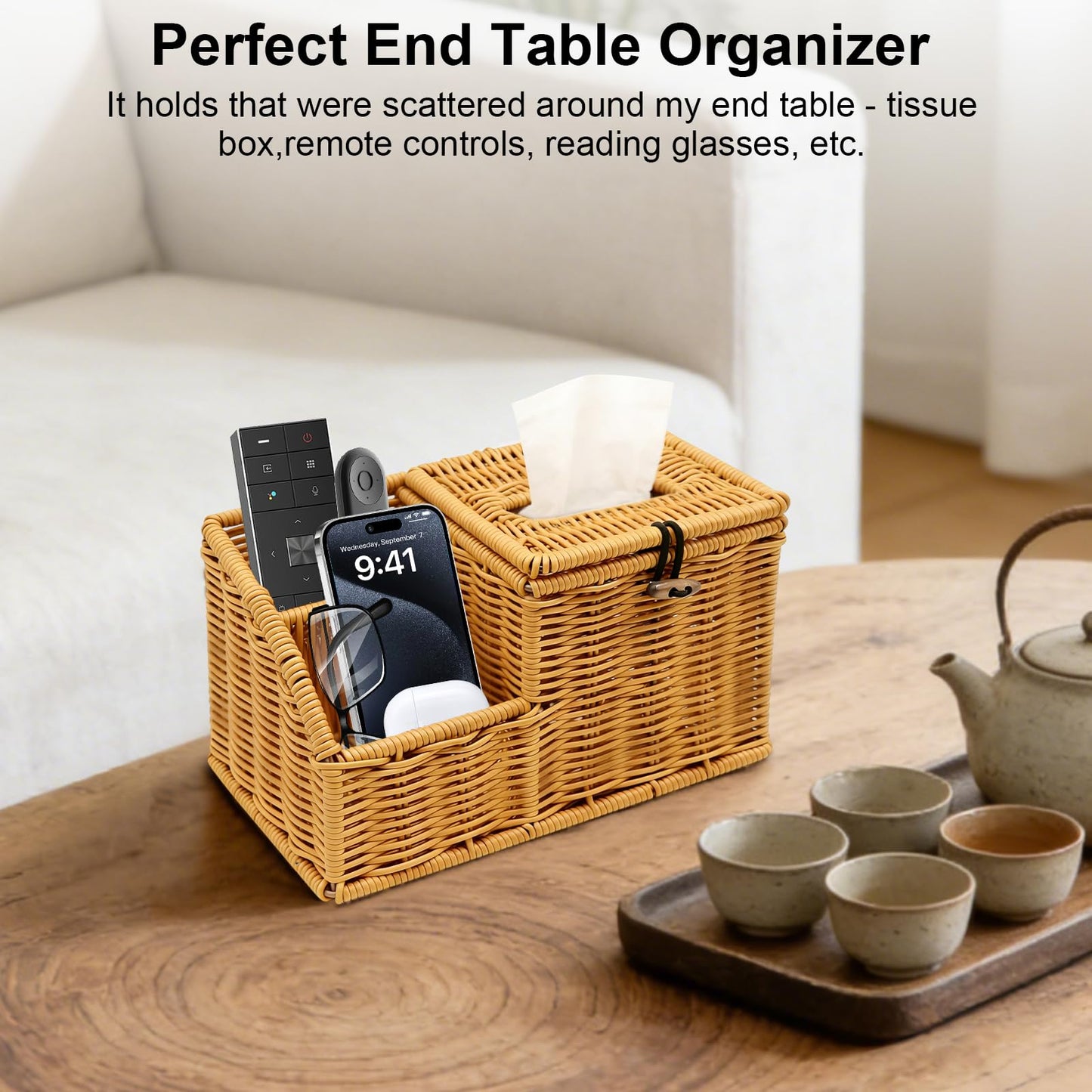 Square Tissue Box Cover with Storage, Multifunction Cube Tissue Box Holder, Farmhouse Wicker Remote Control Nightstand Organizer Caddy for Bathroom, Home, Office Decor, Kitchen Countertop