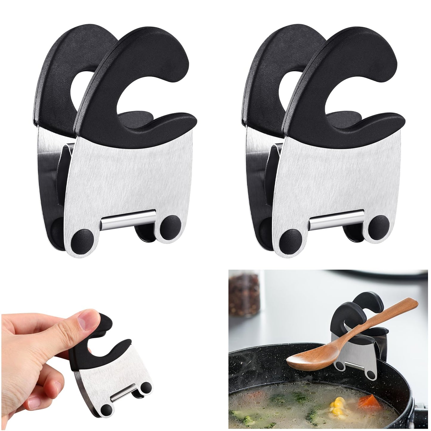 DOITOOL 2pcs Pot Clip Holder Utensil Pot Clip Spoon Rest Stainless Steel Kitchen Gadget for Restaurant Home Utensil Rest (Black)