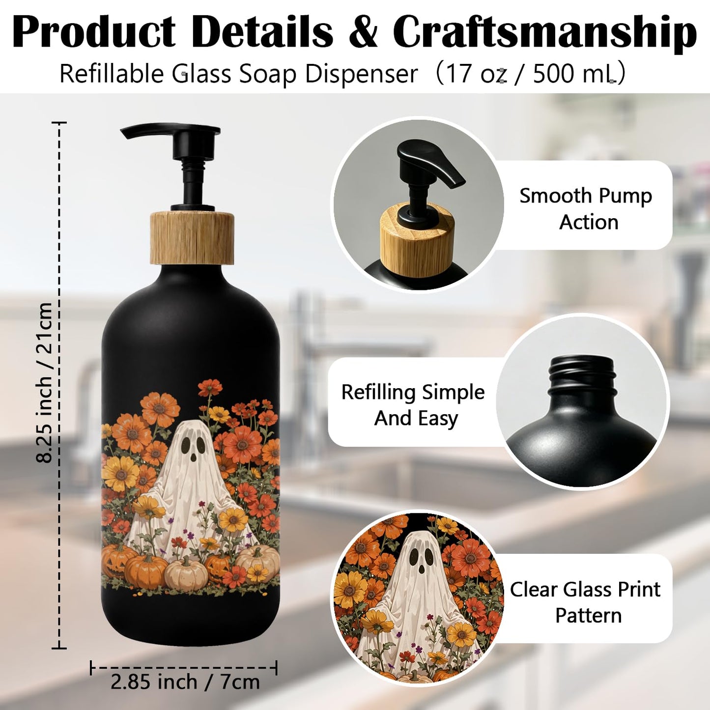 Stelloriellea Halloween Ghost Floral Glass Soap Dispenser with Pump