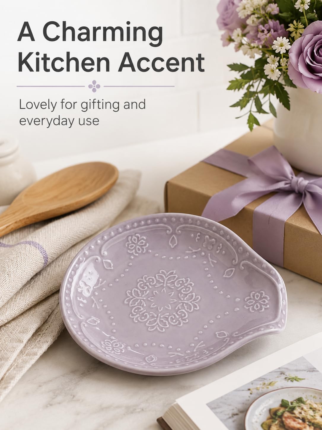 Lavender Purple Ceramic Spoon Rest for Kitchen Counter, 5.7" Floral Butterfly Embossed Spoon Holder for Stovetop, Dishwasher Safe Heat Resistant Utensil Rest, Farmhouse Kitchen Decor Gift
