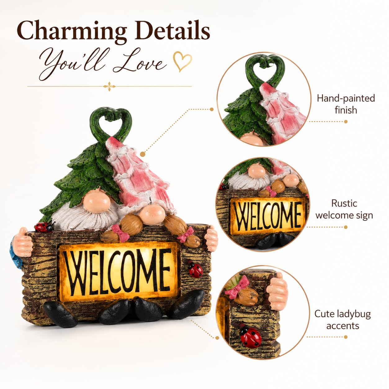 Garden Gnome Statue with LED Lights,7.5 Inch Resin Couple Gnome Figurine with Heart Topper & Welcome Sign,Outdoor Garden Decor for Patio,Lawn,Yard,Ideal Gift for Garden & Gnome Lovers (Green)