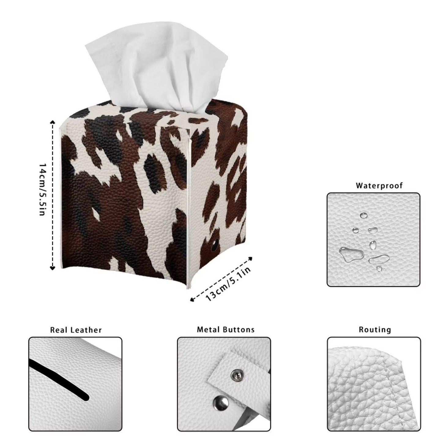 Eheartsgir Brown Cow Print Tissue Box Cover Square Anti-Stains Waterproof Tissue Box Holder Napkin Holder with Bottom Strap for Car Bathroom Bedroom Night Stands Decor