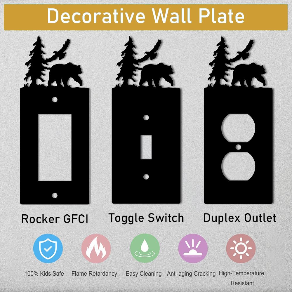 Eagle & Bear Light Switch Wall Plate, Single Rocker, Black Cabin Lodge Room