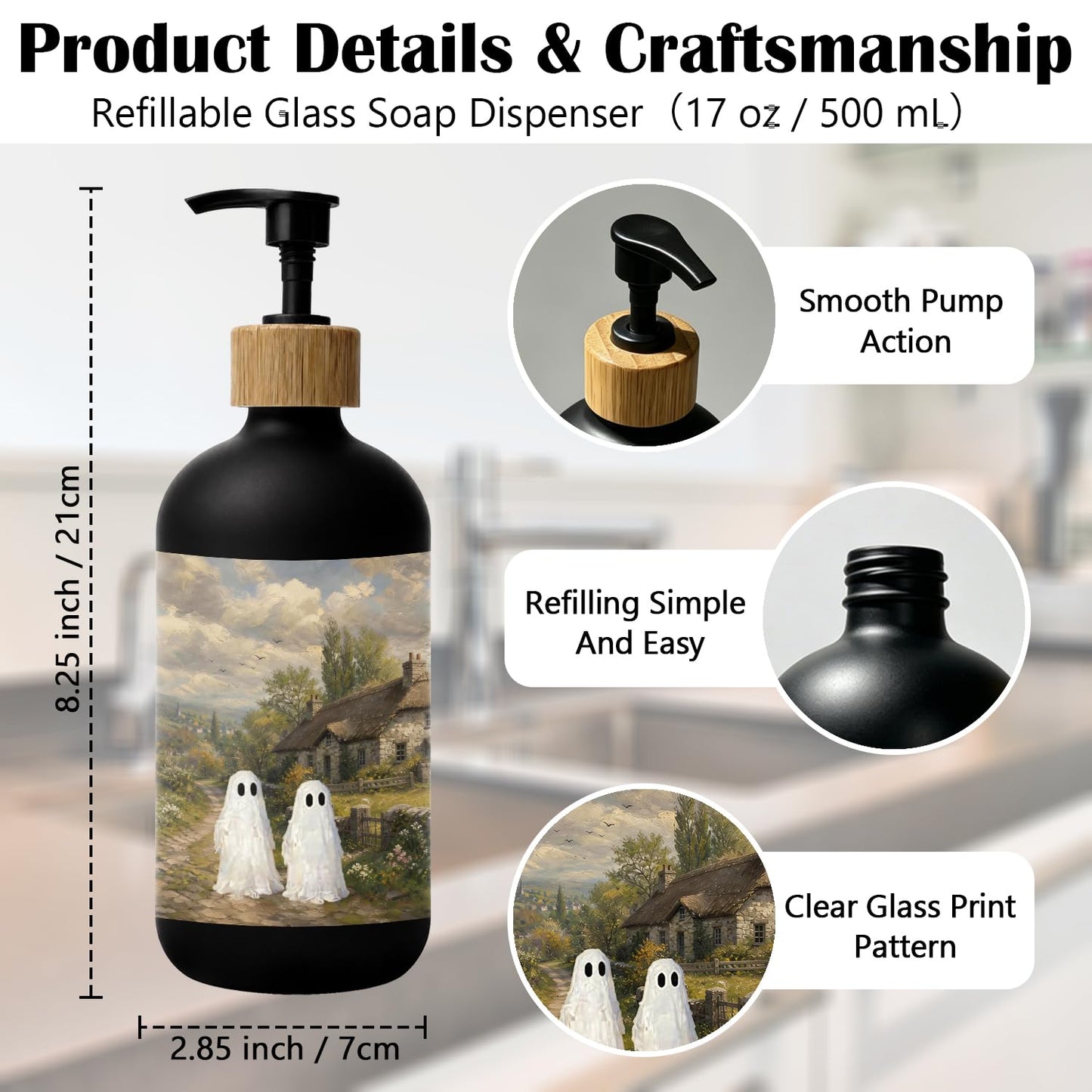 Stelloriellea Rustic Ghost Halloween Glass Soap Dispenser with Pump
