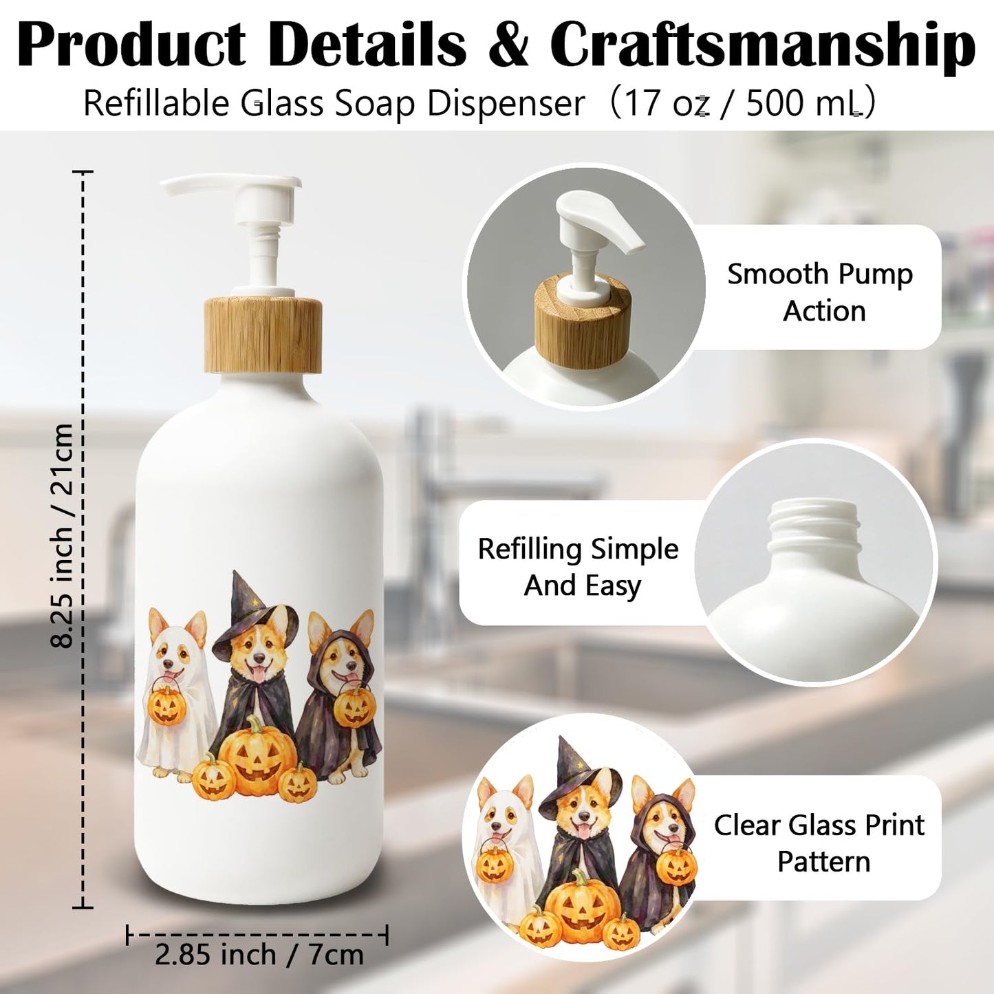 Stelloriellea Halloween Corgi Dog Glass Soap Dispenser with Pump