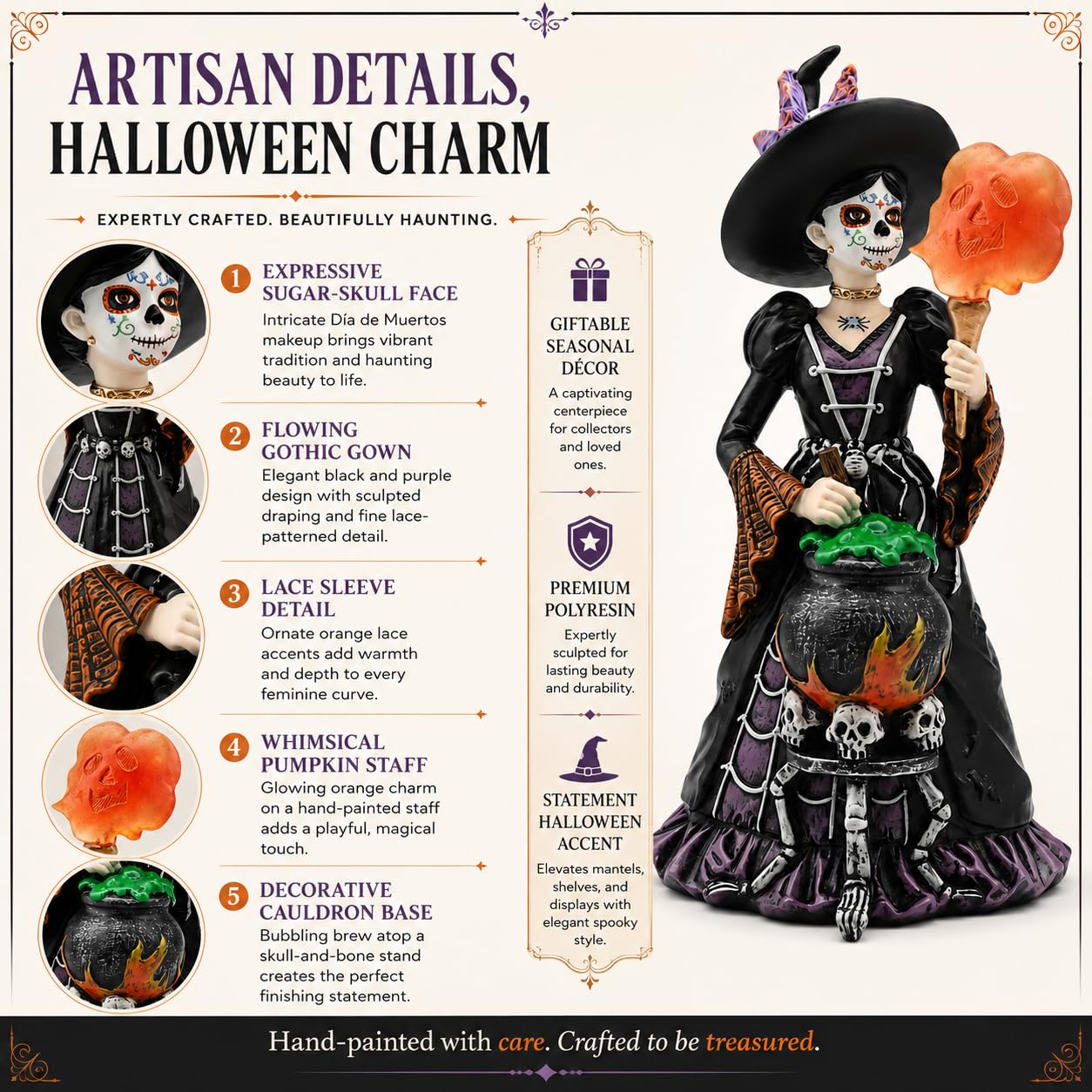 Comfy Hour Fairyland Collection 8", Witch from The Day of The Dead, La Calavera Catrina, Día de Muertos, Halloween Figurine, 4.53" L x 4.1" W x 8.3" H, Polyresin