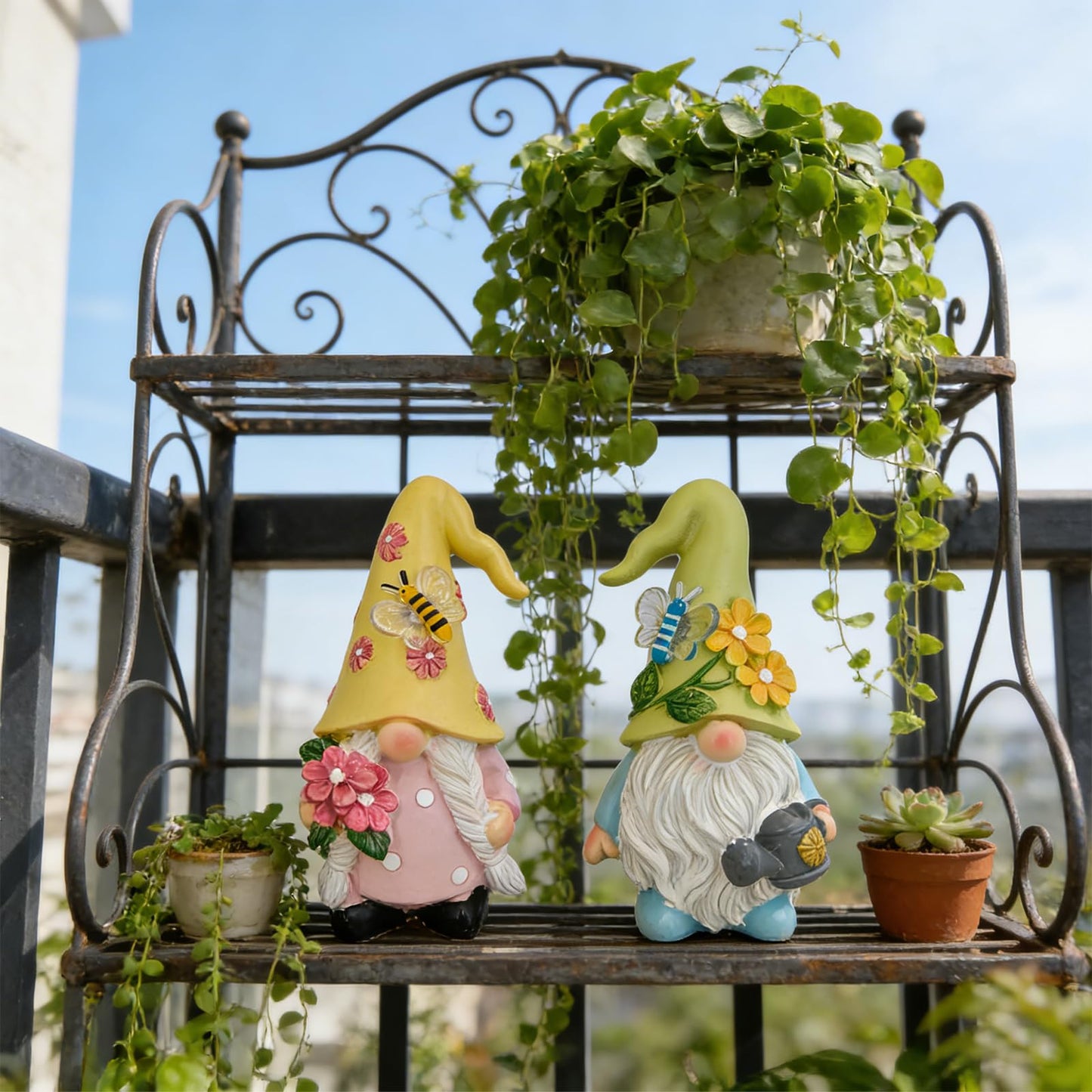 Sampu Craft Summer Decorations for Home Set of 2 Gnome Figurines, Floral Decor with Bee & Butterfly,Yellow Green Hat Resin Statues,4.53 Inch Tall,Deal Gift (Yellow and Green)
