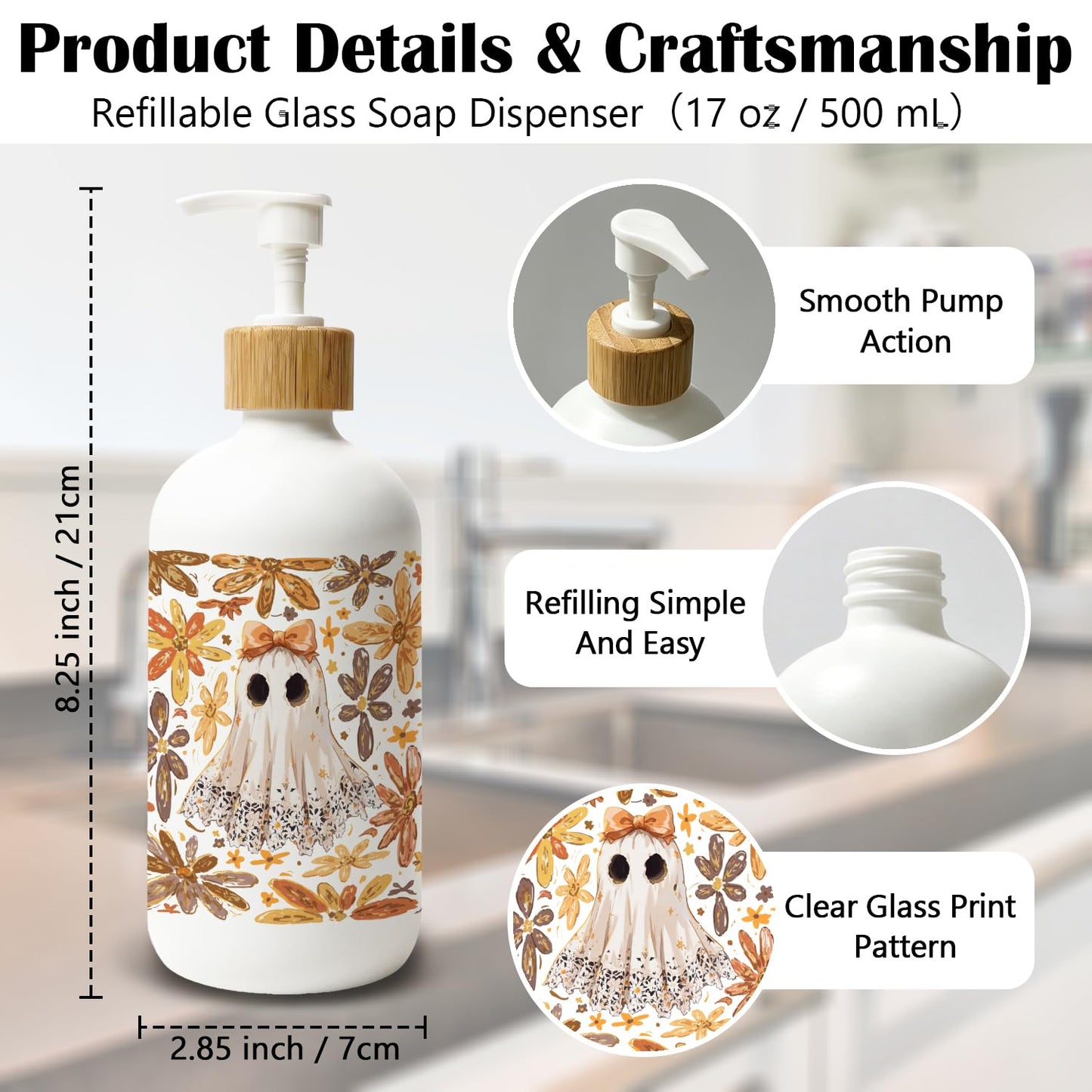 Stelloriellea Boho Halloween Ghost Glass Soap Dispenser with Pump