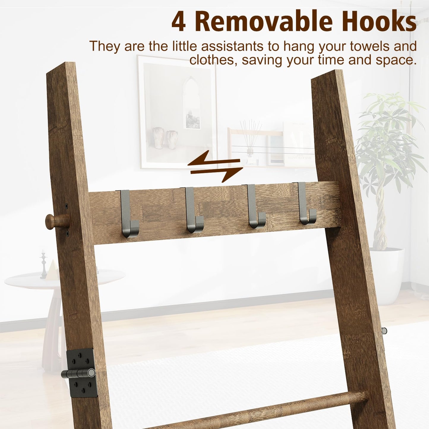 HonyQiShuo 5-Tier Bamboo Ladder Shelf, Farmhouse Style Blanket Ladder, Rustic Decorative Ladder with 4 Removable Hooks, Brown