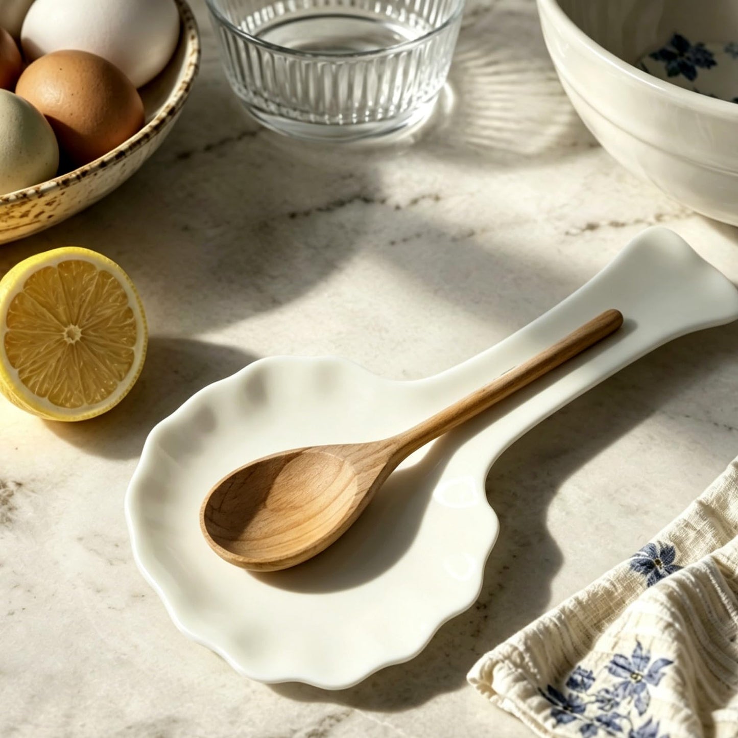 FYSUIMU 8.9 Inch Scalloped Edge Spoon Rest White Spoon Holder Minimalist Modern Ceramic Utensil Rest for Stove Top Farmhouse Kitchen Accessories