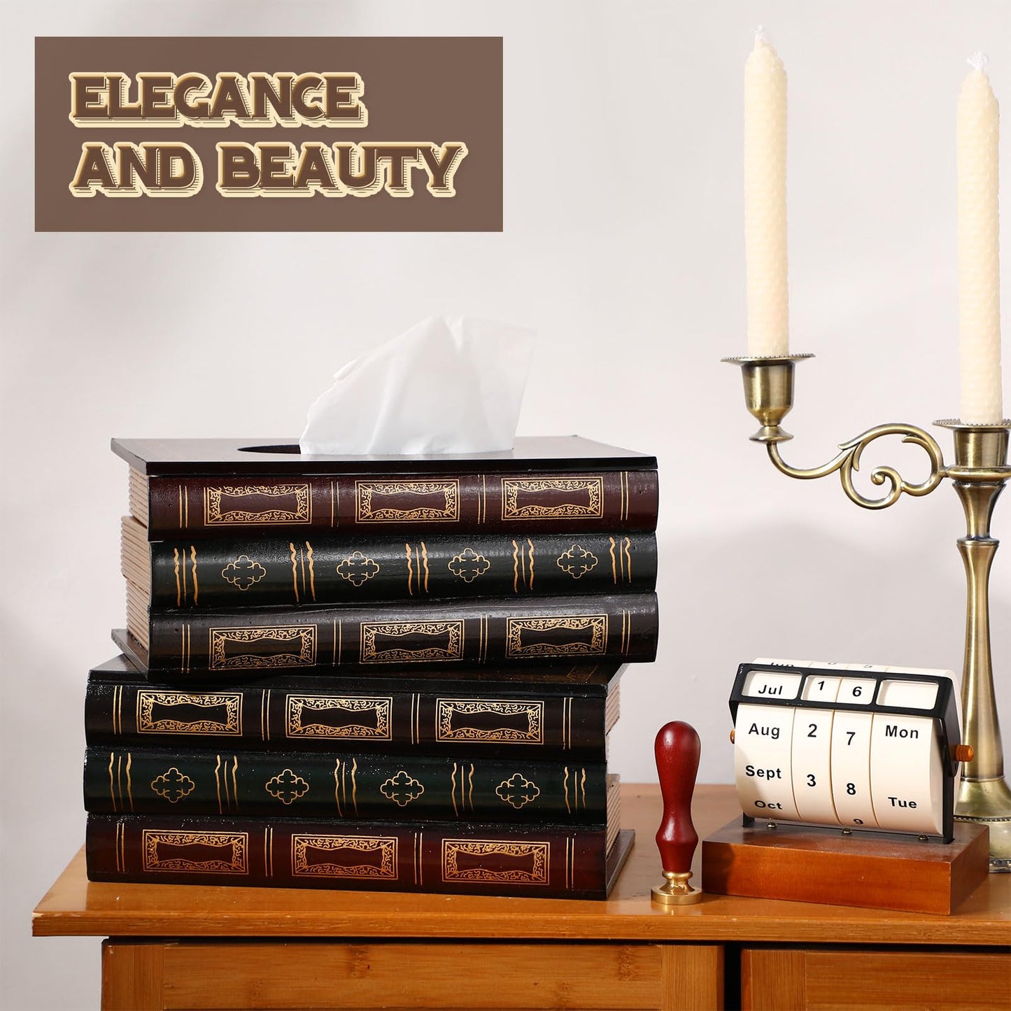 Teenyyou 2 Pcs Wooden Retro Book Tissue Box Cover Antique Tissue Box Cover Rectangular Classical Novelty Toilet Paper Holder Dispenser Medieval Home Decor for Bathroom Living Room Office Car Kitchen