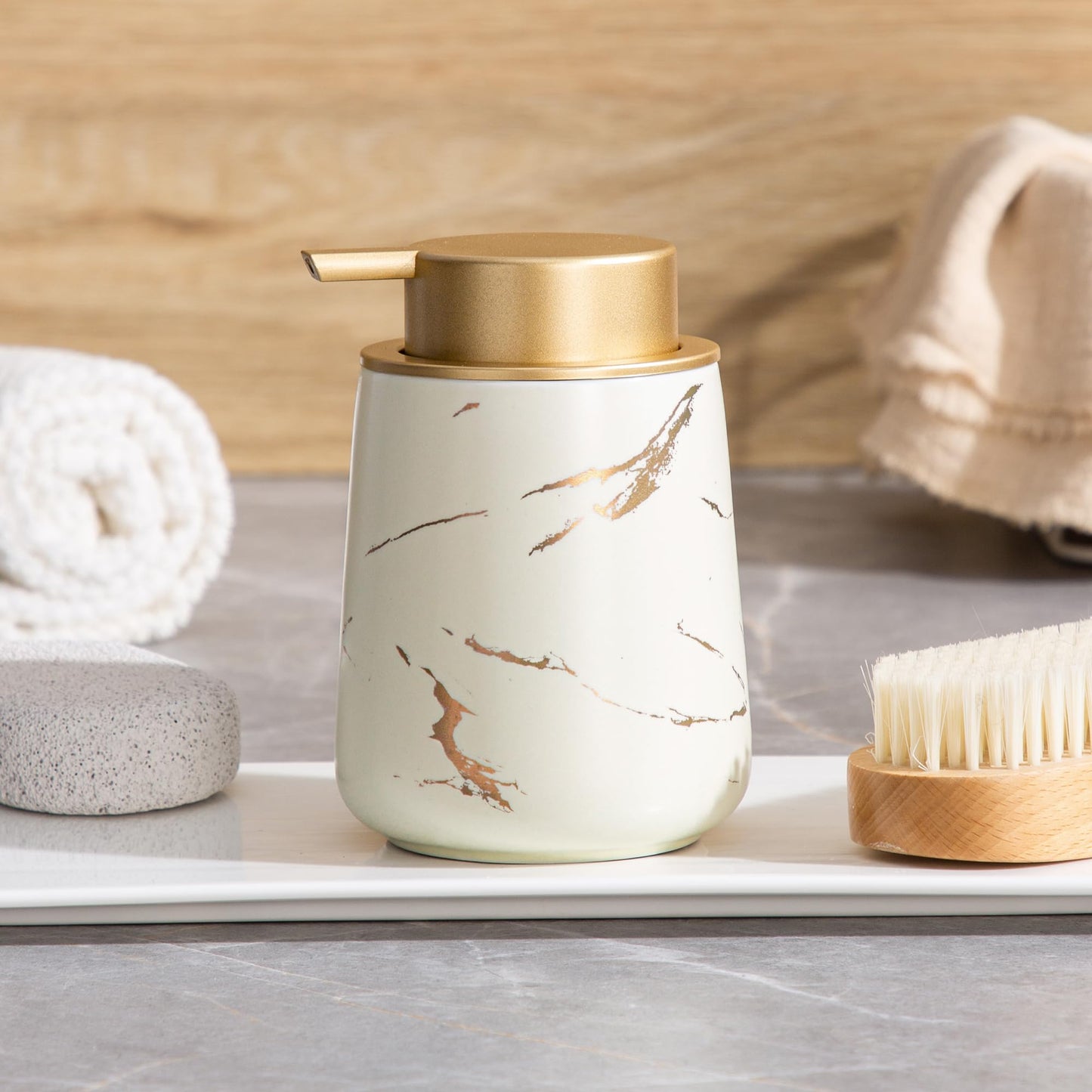 Enra Ceramic Gold Soap Dispenser, 12 oz Modern Liquid Hand Soap Dispenser for Bathroom Kitchen with Easy-to-Press(Gold Liquid Type-Beige)
