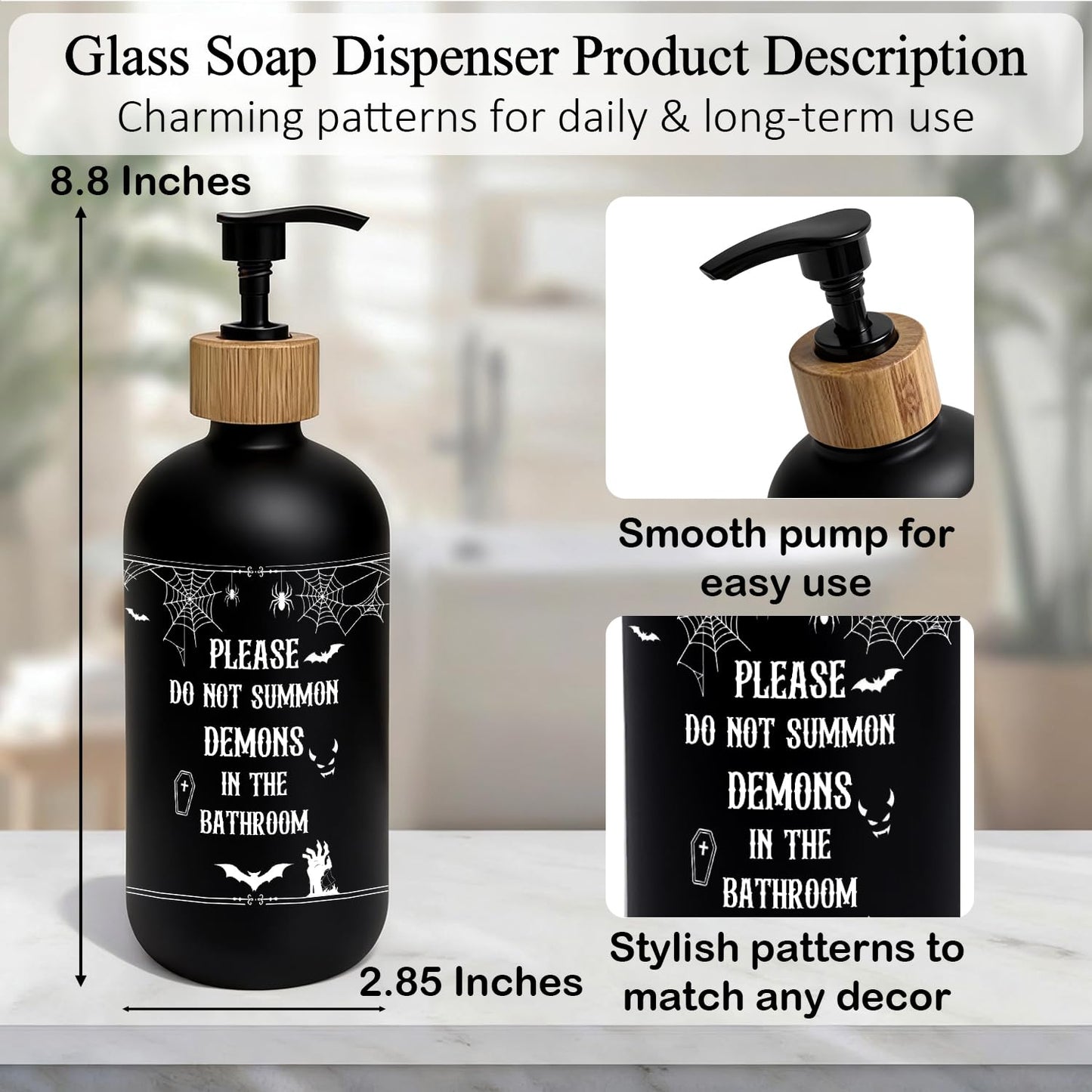 OuOvOwO Gothic Halloween Black Bathroom Glass Soap Dispenser