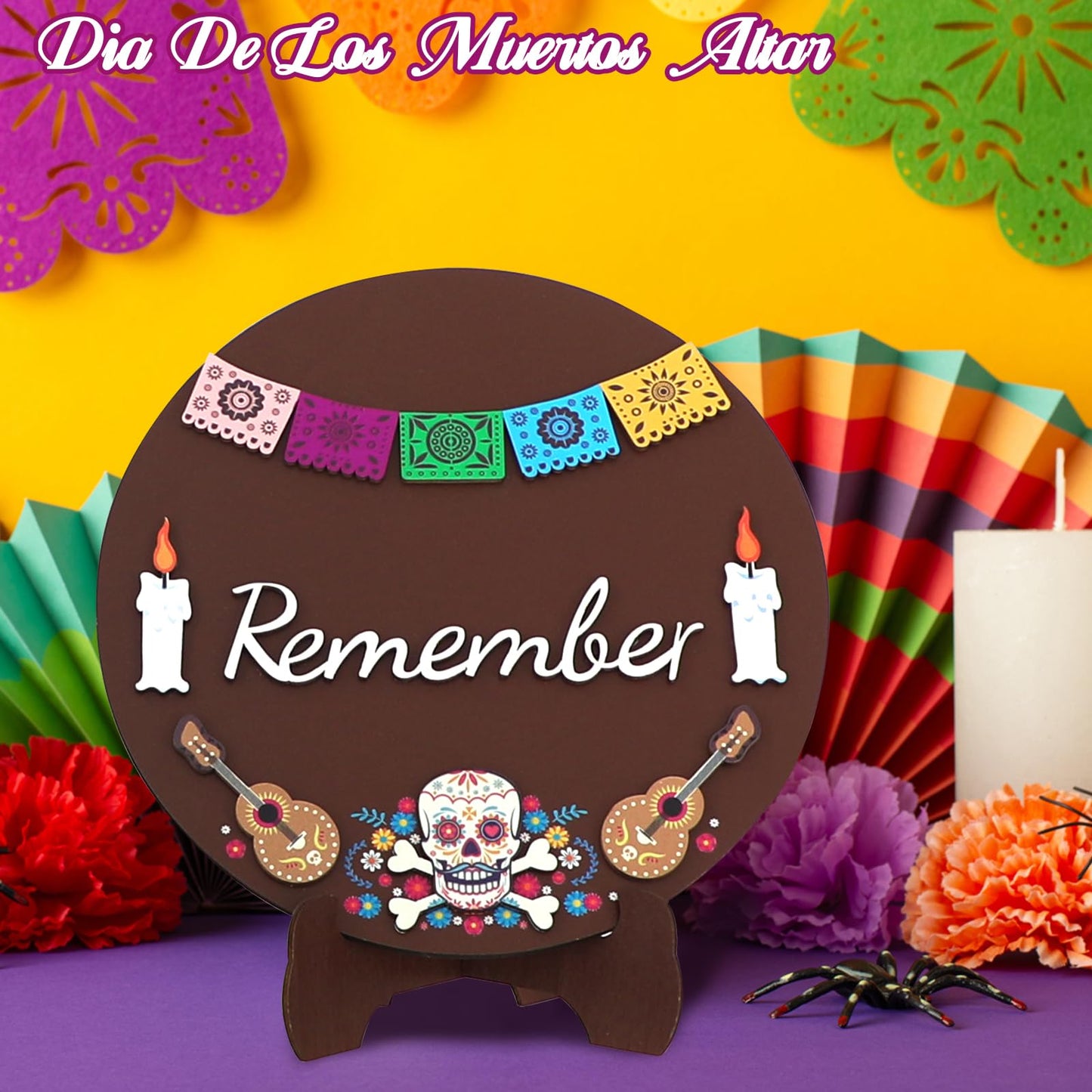 Day Of The Dead Decorations, Dia De Los Muertos Ofrenda Altar Recuerdame Wood Sign Decorations Kit with Stand, 3d Calaveras, Papel Picado Altar Supplies Decor Halloween Home Party