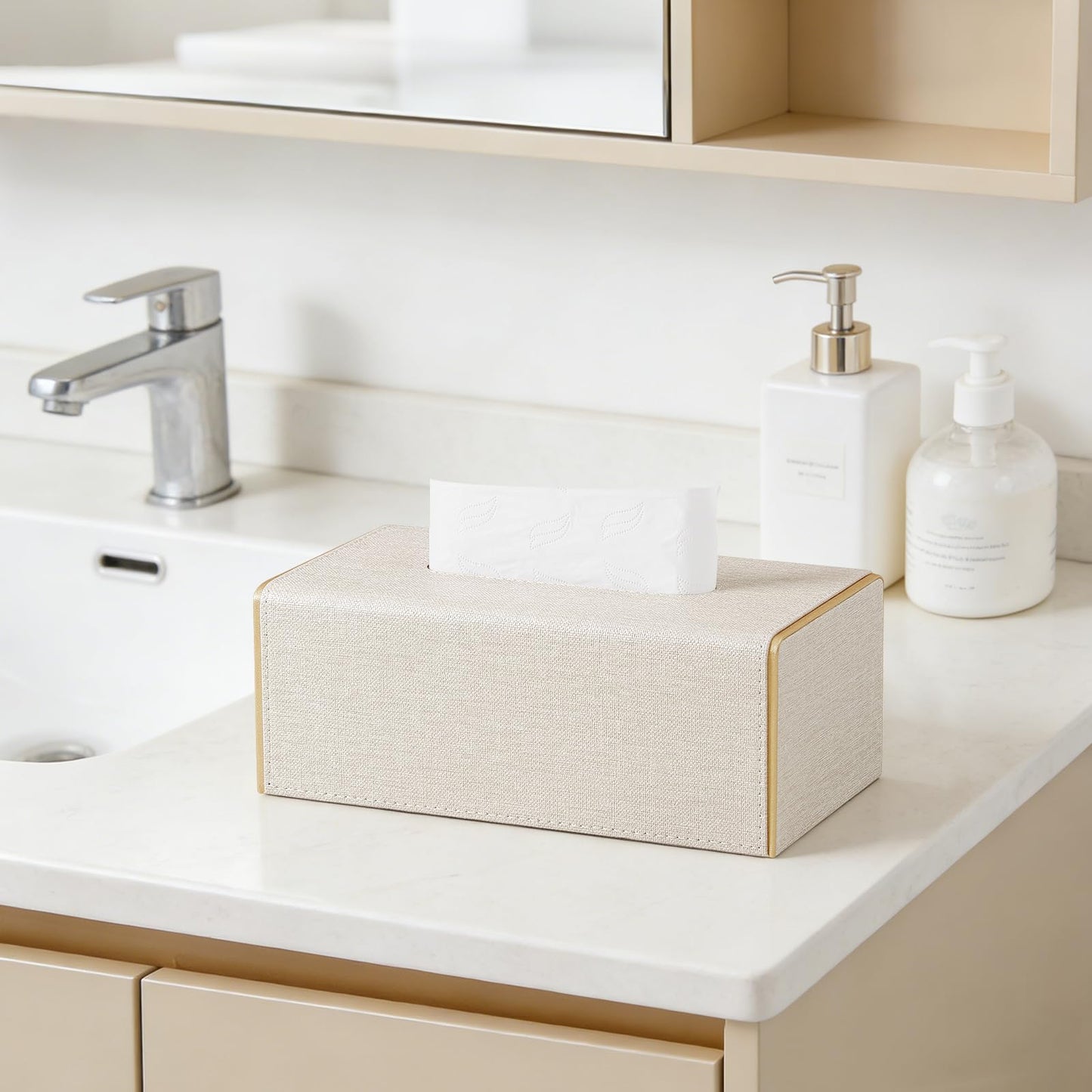 JLAMBOM Linen Tissue Box Cover Rectangle, 4 Sizes PU Leather Tissue Box Cover with Bottom, Decorative Tissue Holder for Bathroom Nightstand Car Office (Medium – Fits Tissue Boxes Up to 3.4" Tall)